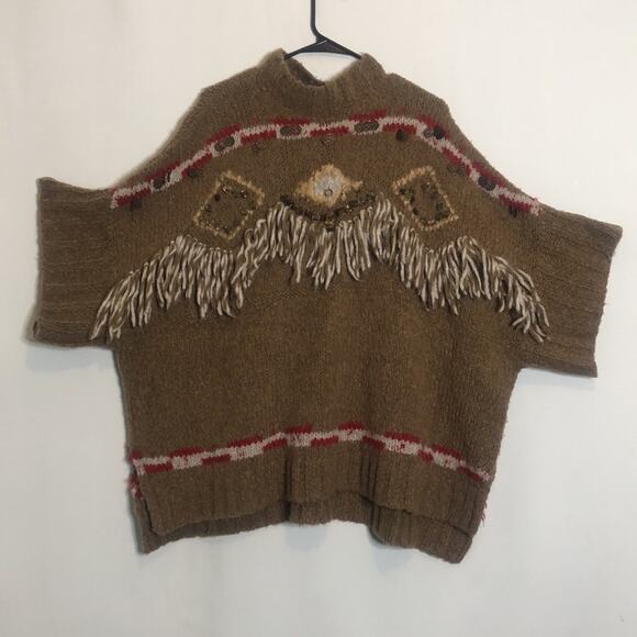 Free People Brown Fringe Oversized Poncho Sweater XS - Picture 12 of 16